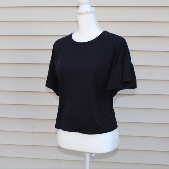 UNIQLO Black Top/ Blouse with Short Ruffle Flutter Sleeves - Picture 4 of 6